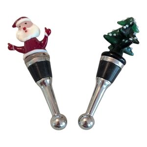 2 Piece Christmas Santa & Tree Bottle Wine Stoppers Toppers Hand Blown Glass